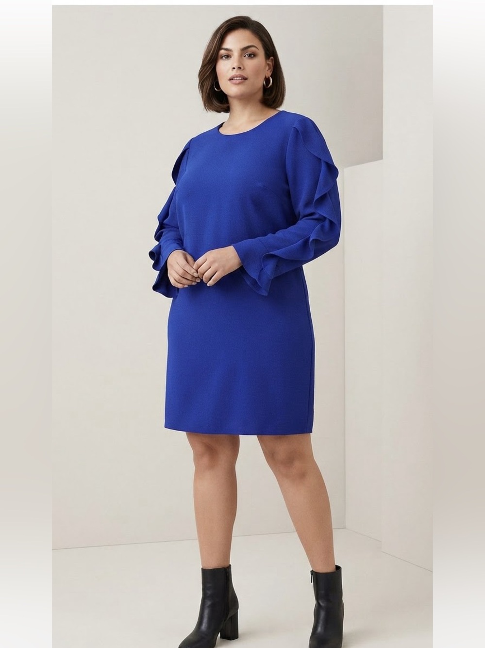 London Times Cobalt Blue Long Sleeve Shift Dress with Ruffle Details